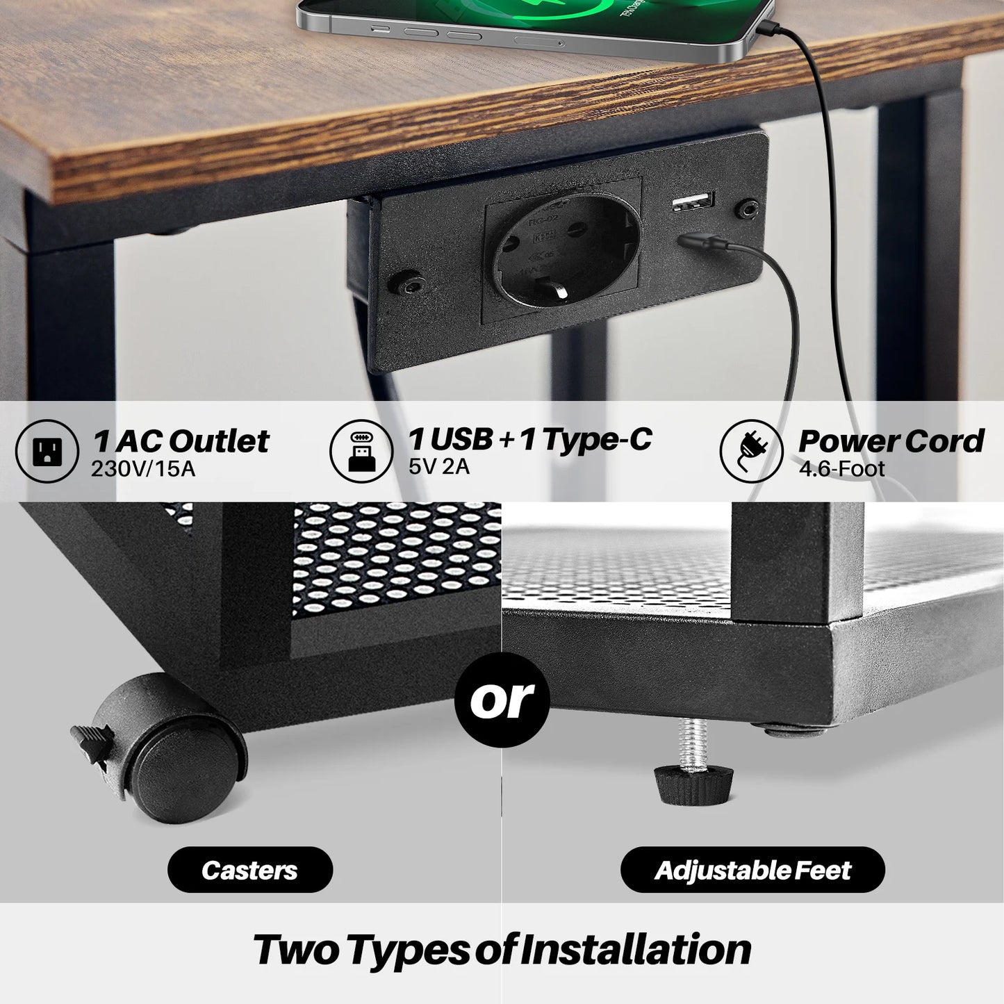 Redlife C Shaped End Table w/ Charging Station Side Table for Couch Sofa Table w/ Storage Shelf & Rolling Wheels for Small Space