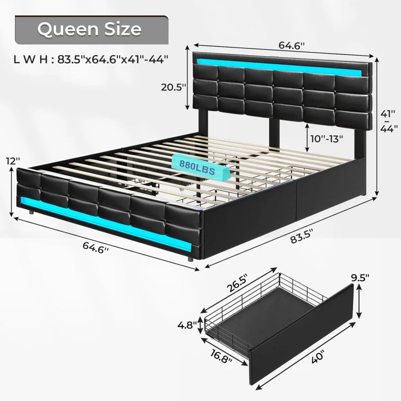 Bed Frame with Leather Platform and Storage – Twin, Queen & Full Sizes