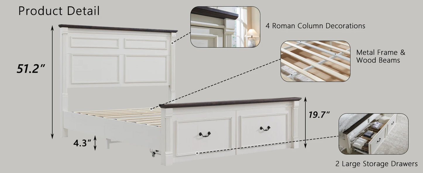 Queen Size Bed Frame, with Storage Drawers