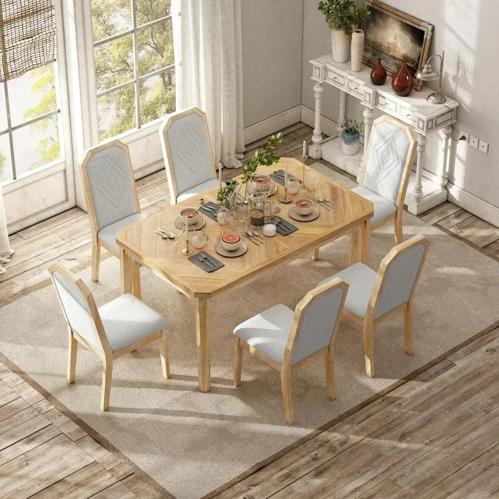 7 Pieces Dining Table Set,Wooden Rustic Table with 6 High-Back Tufted Chairs,Home Furniture Kitchen Dining Room Table Sets
