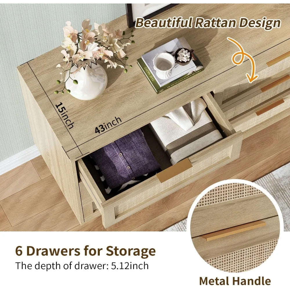 Rattan Chest of Drawers, Dresser 6 Drawer