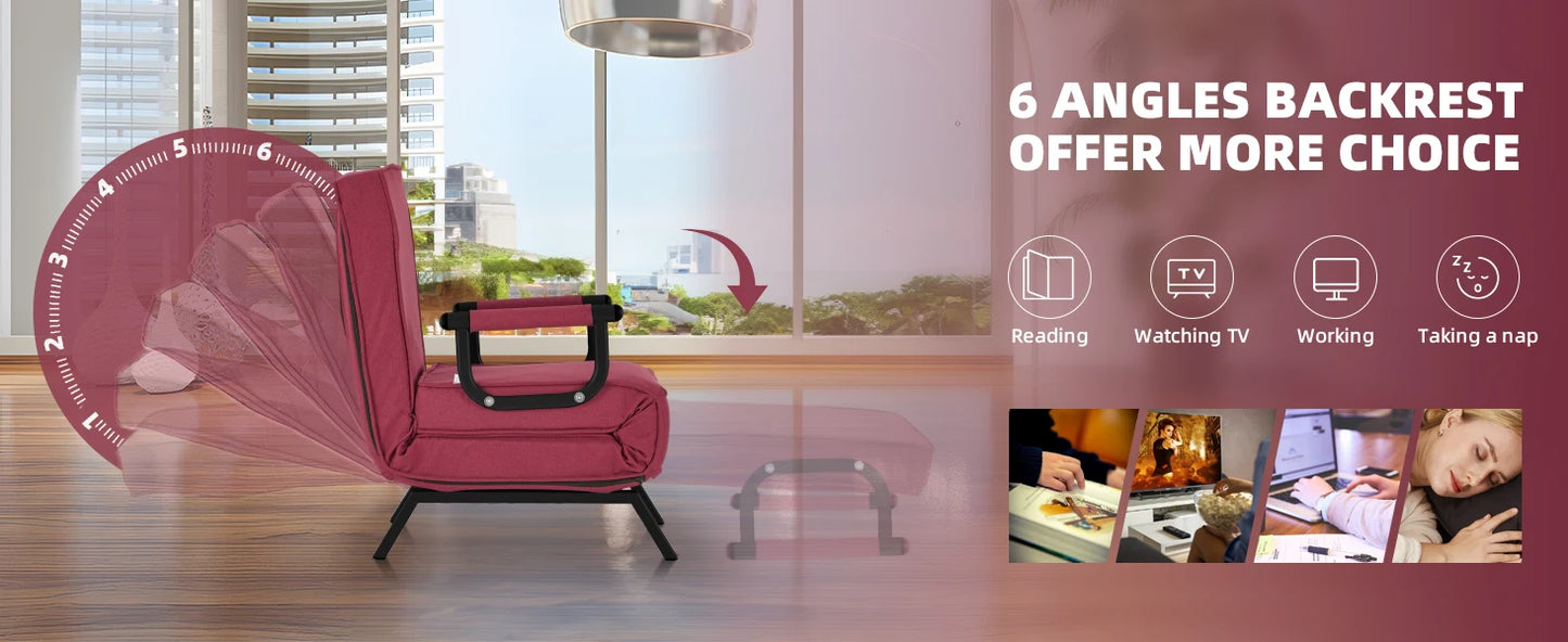 Convertible Chair, Tri-fold Upholstered Armchair Sleeper with Pillow