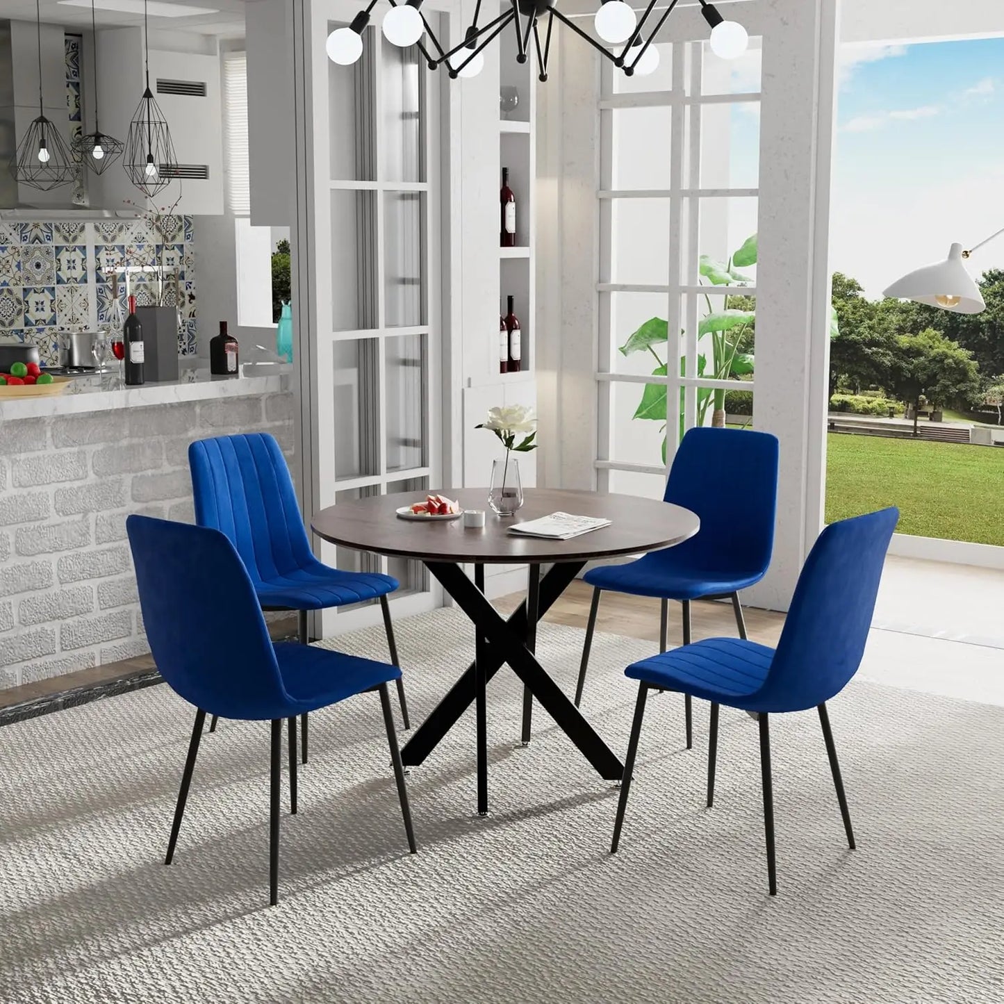 5 Piece Circle Dining Table Set for 4, 42 Inch Black Table & Velvet Upholstered Chairs With Sturdy Metal Legs, Round Kitchen