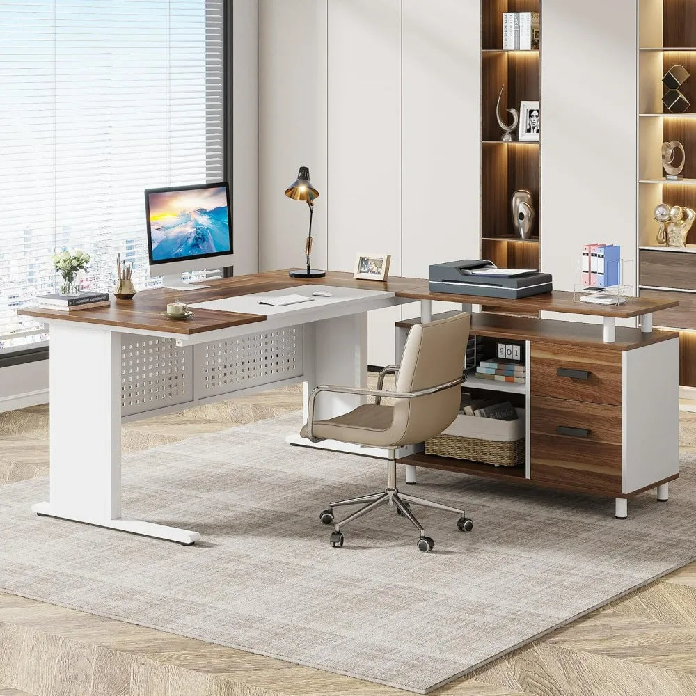 63 Inch L shaped Desk - File Cabinet, Drawers and Shelves