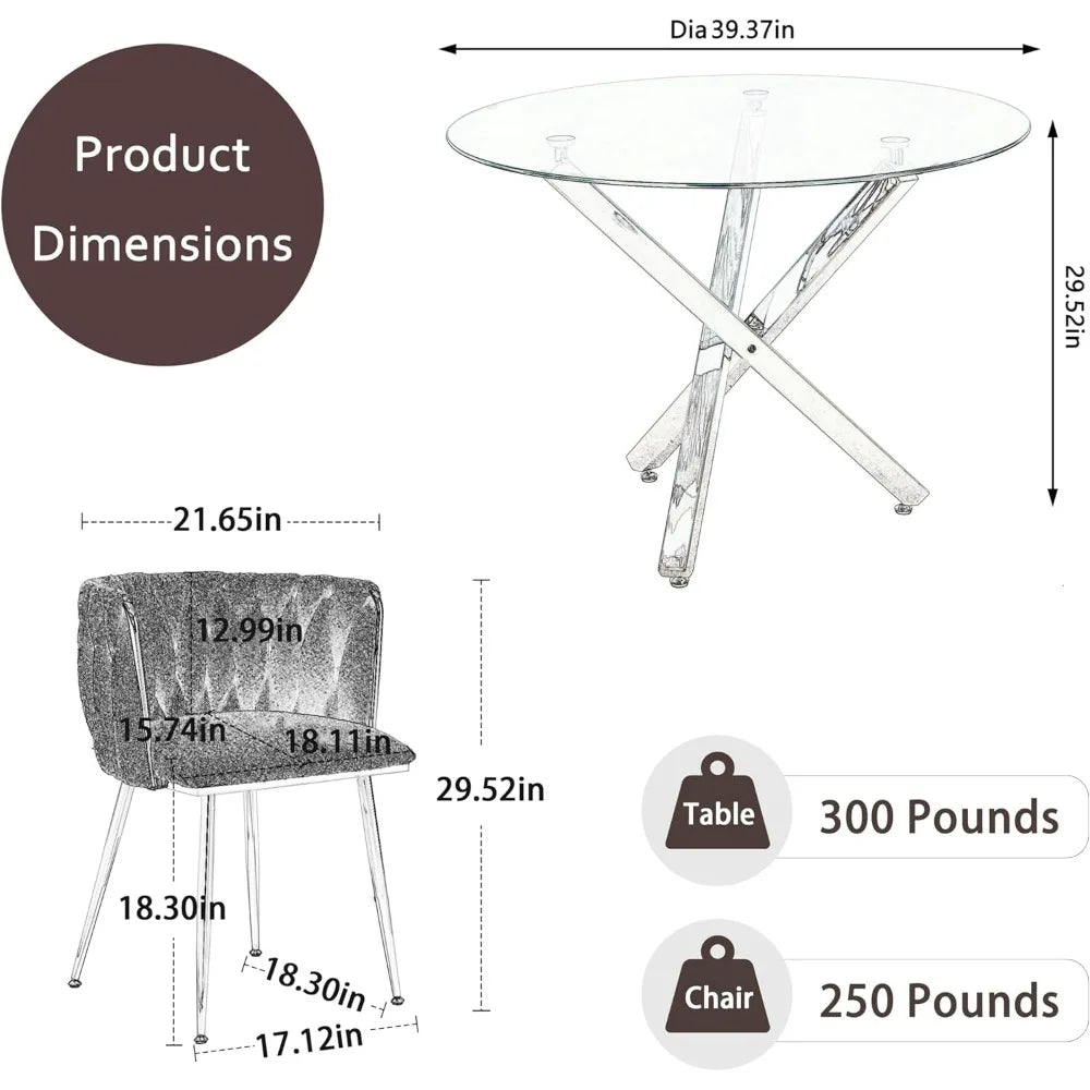 Golden Round Glass Dining Table Set for 4, 39'' Clear Dinner Table Set, 5 Pieces Modern Luxury Circle Kitchen Table and Green