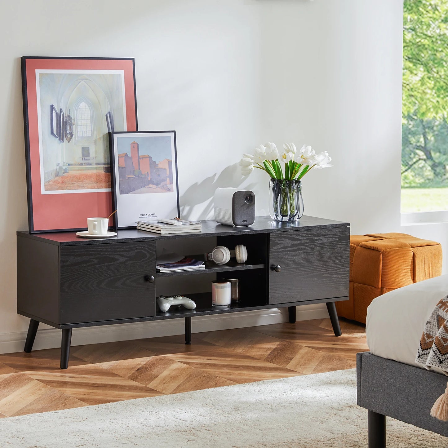 Fireplace TV Stand For Up To 60 Inch with Shelf 2 Storage