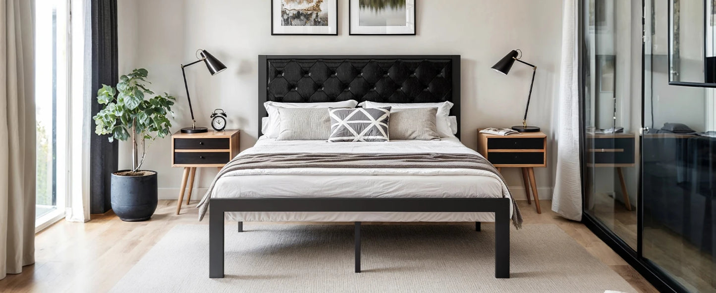 Bed Frame with Upholstered Finely Stitched Headboard - Queen, King, Full and Twin Sizes