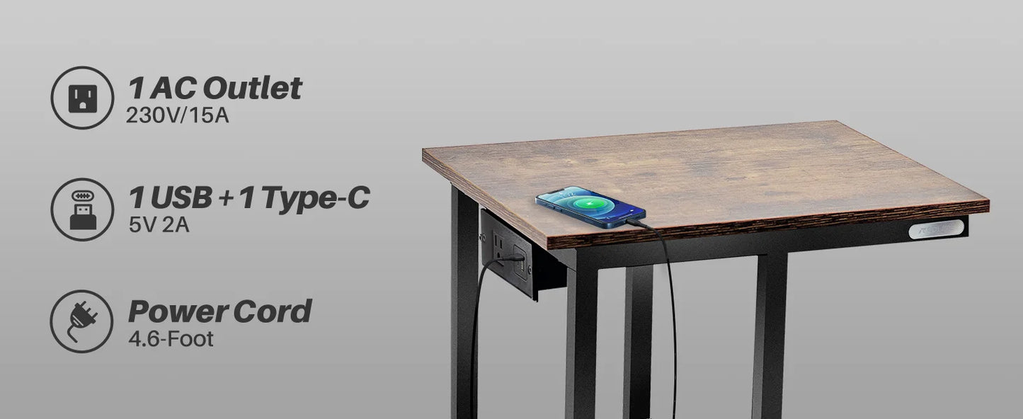 Redlife C Shaped End Table w/ Charging Station Side Table for Couch Sofa Table w/ Storage Shelf & Rolling Wheels for Small Space