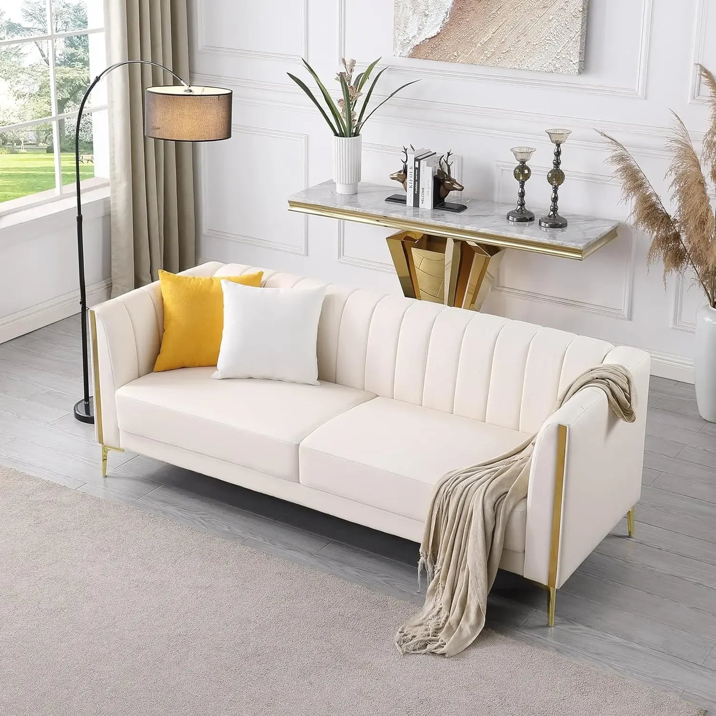 White Couches, Comfy, Faux Leather Sofa 3 Seater, 2 Throw Pillows