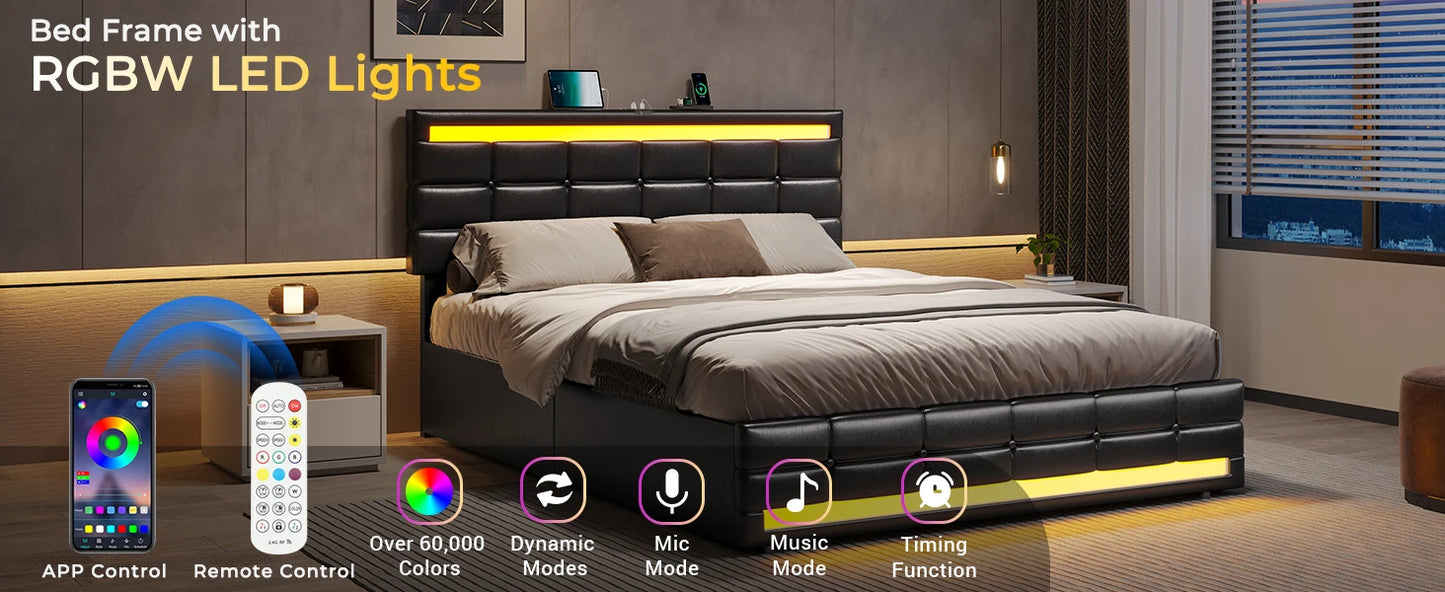 Bed Frame with Leather Platform and Storage – Twin, Queen & Full Sizes