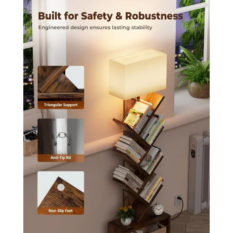 6 Tier Bookshelf with Light, Narrow Bookcase