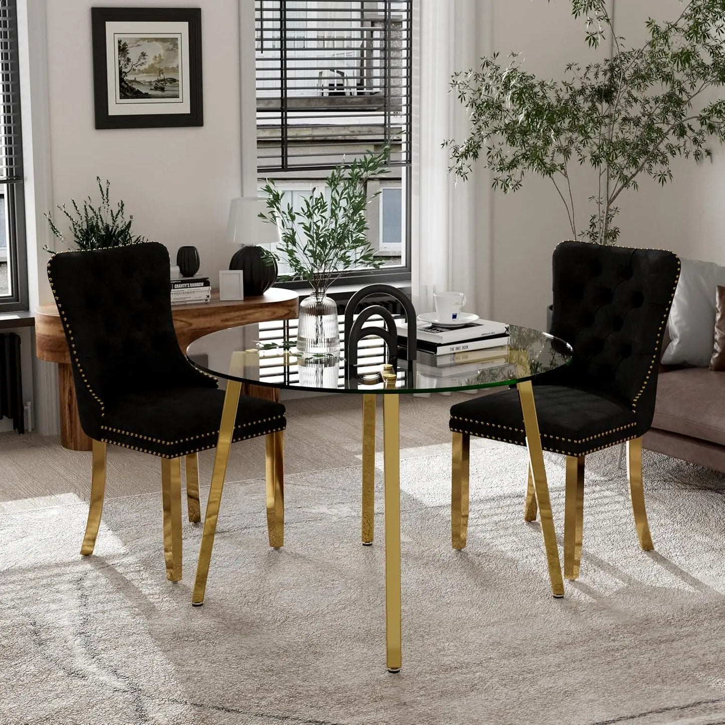 5 Piece Luxury Round Glass Dining Set, Modern Minimalist Circle Kitchen Table Set for 4, 42'' Clear Circular Glass Top Dinner Ro
