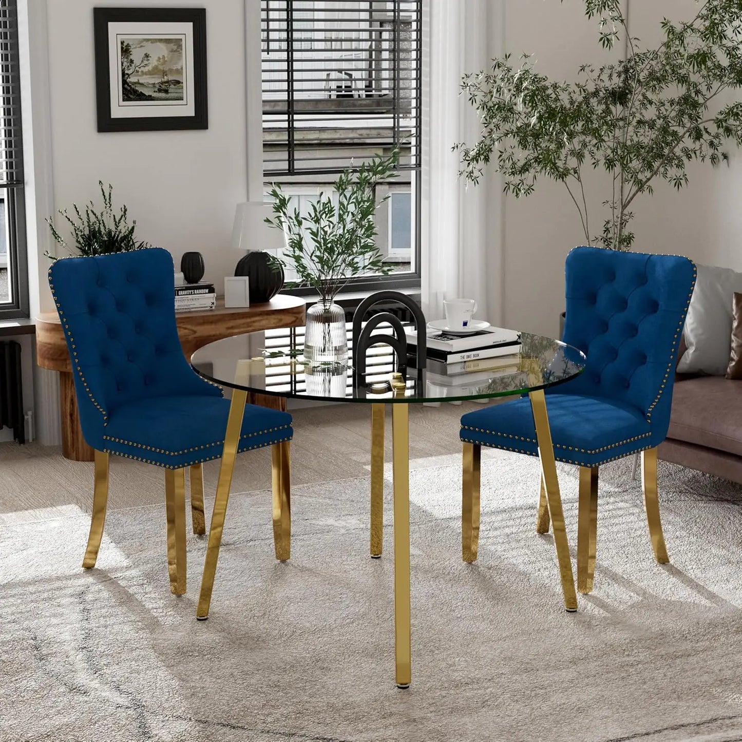 5 Piece Luxury Round Glass Dining Set, Modern Minimalist Circle Kitchen Table Set for 4, 42'' Clear Circular Glass Top Dinner Ro
