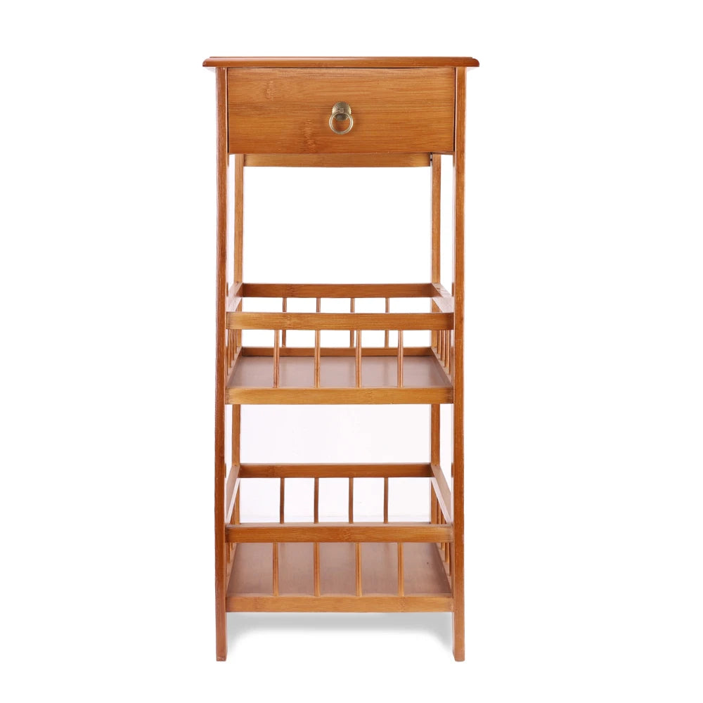 2-Tier Retro Bedside Table Bamboo Sofa Coffee End Table with Drawer Plant Display Storage Shelf Unit