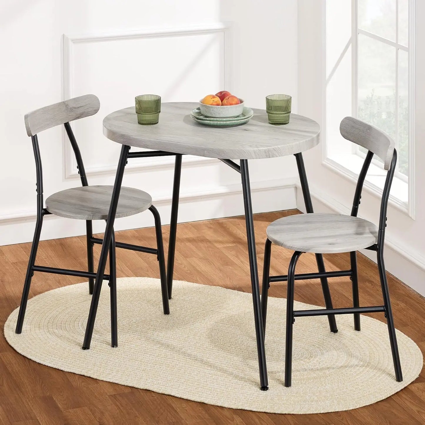 3-Piece Modern Oval Dining Table Set, Small Kitchen Dinette w/ 2 Chairs, Metal Frame, Curved Backrests