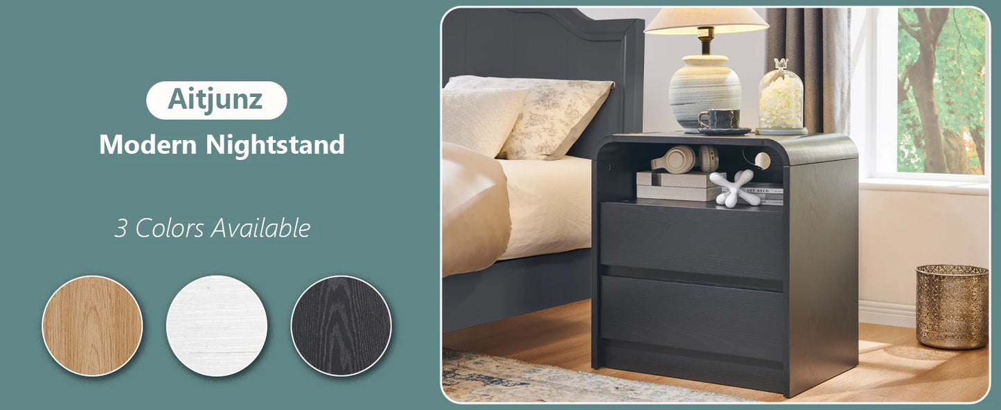 25" Tall Modern Nightstand with Charging Station, 23.6'' Wide Wood Bedside Table w/2 Storage Drawers,for Bedroom, Living Room