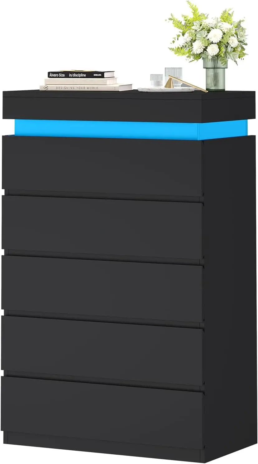Tall 5 Drawer Dresser, Chest of Drawers with LED Light