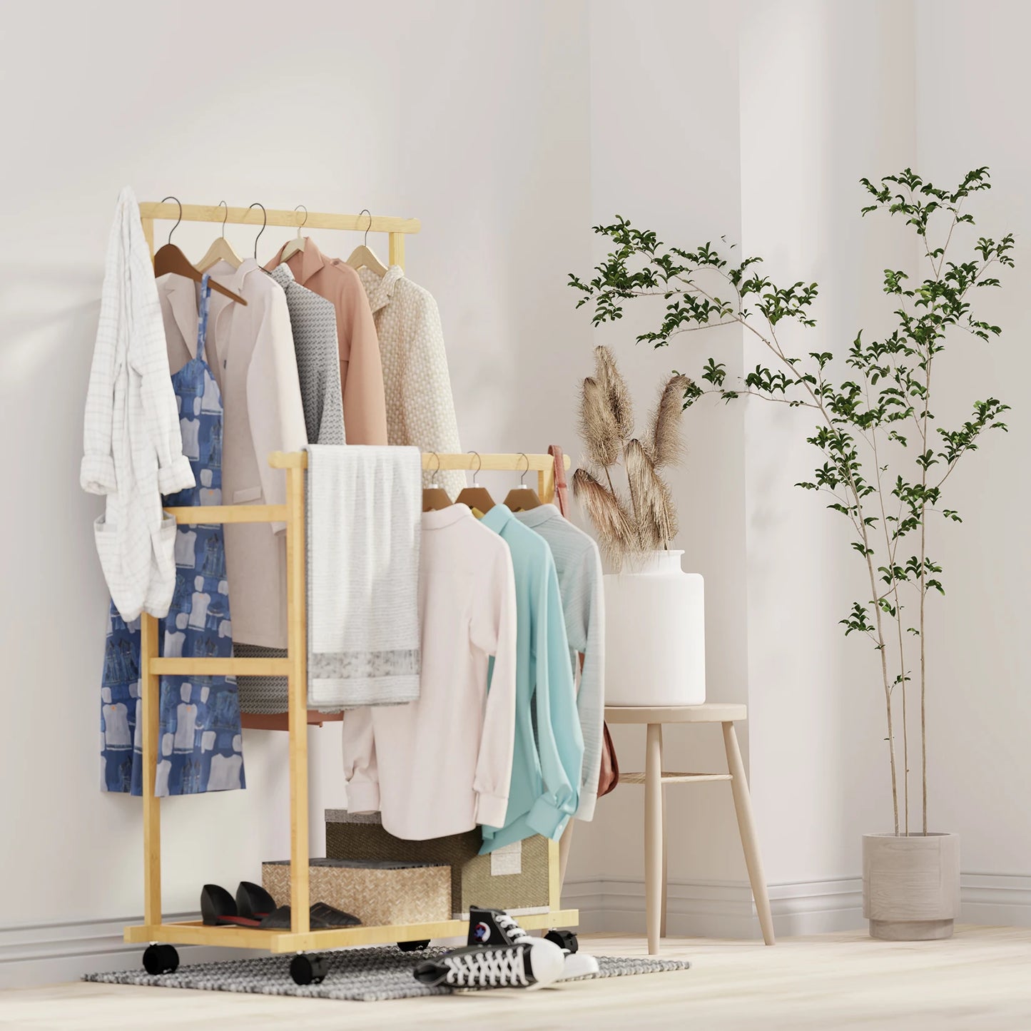 Double Hanging Rails Coat Rack with Storage Shelves