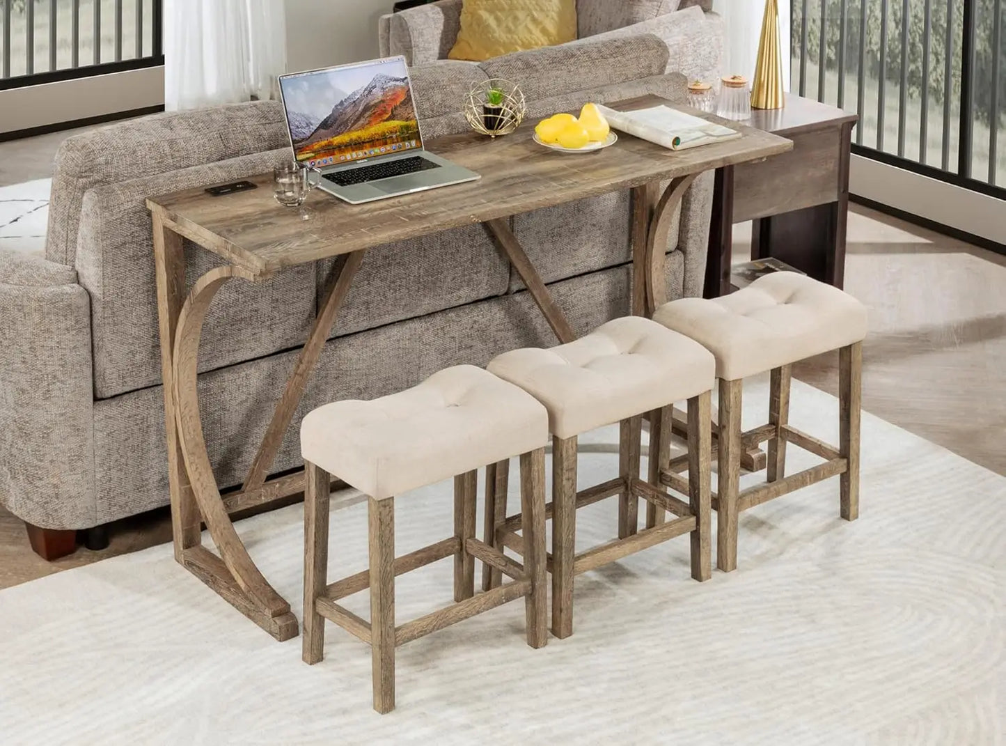 Dining Bar Table and Chairs with Power Outlet, 4 Piece Bar Table Set with Chairs, Sofa Bar Table with 3 Padded Stools