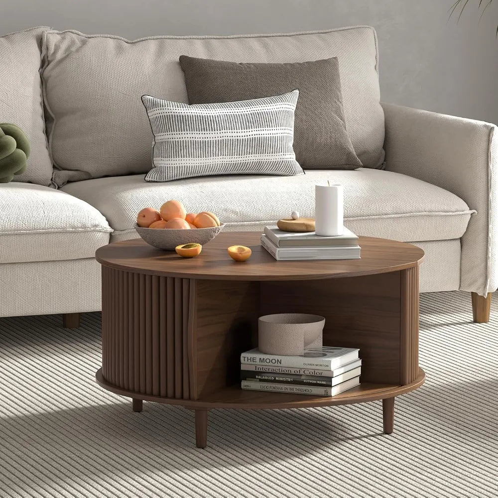 Round Coffee Table with Storage,Mid Century Modern Coffee Table with Sliding Cabinet Door,Coffee Tables,31.5" Small Center Table