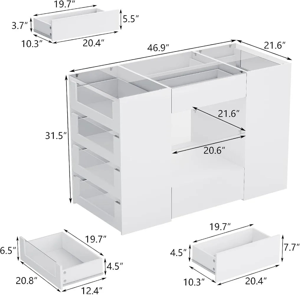 Glass Display Shelf & 12 Drawers, White Dresser with Glass Top