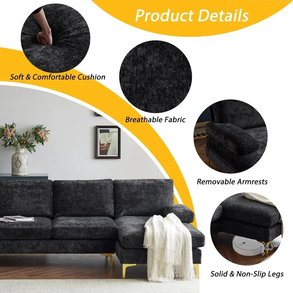 Sectional Sofa with Chaise Chenille Fabric Upholstered 4-Seat