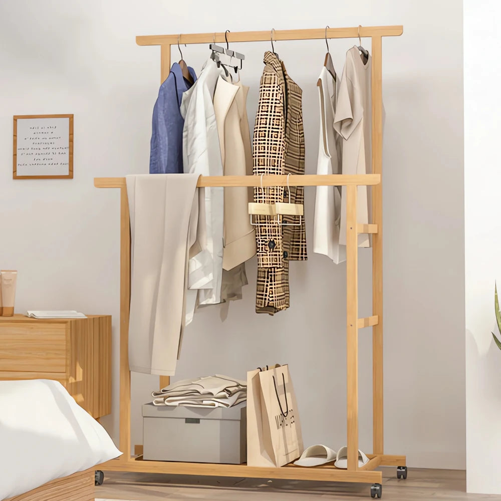 Double Hanging Rails Coat Rack with Storage Shelves