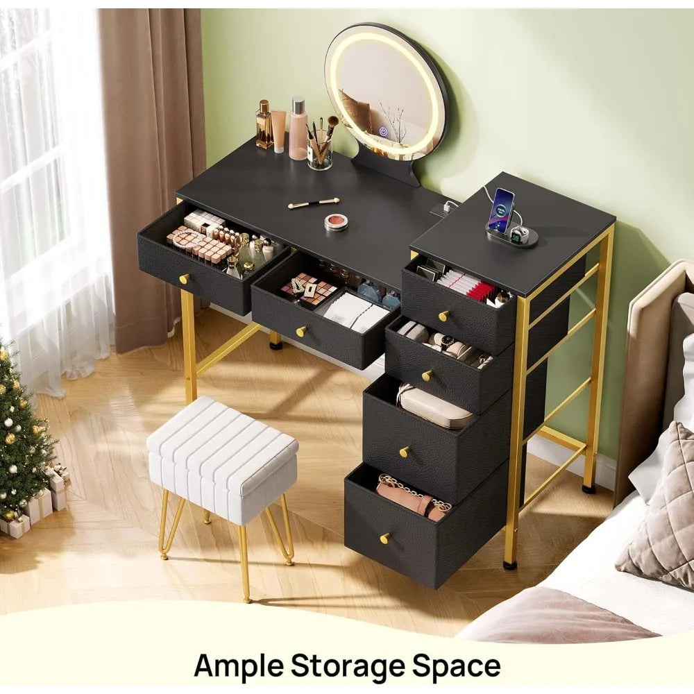 Vanity Desk with Mirror, Dresser with 6 Storage Drawers