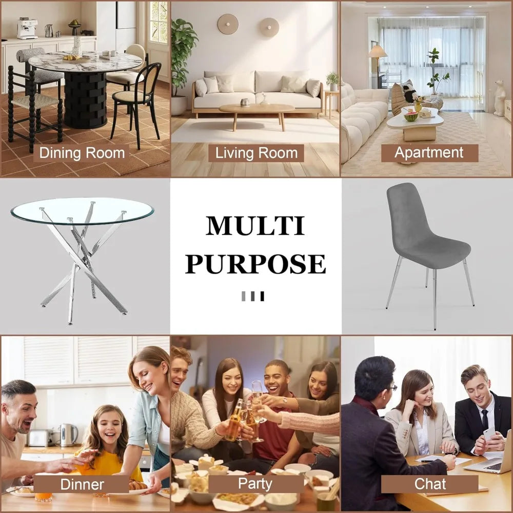 Glass Dining Table Set for 4 with Chairs, Modern 5 Piece Dining Room Set with 36" Round Tempered Glass Table & 4 Velvet Chairs