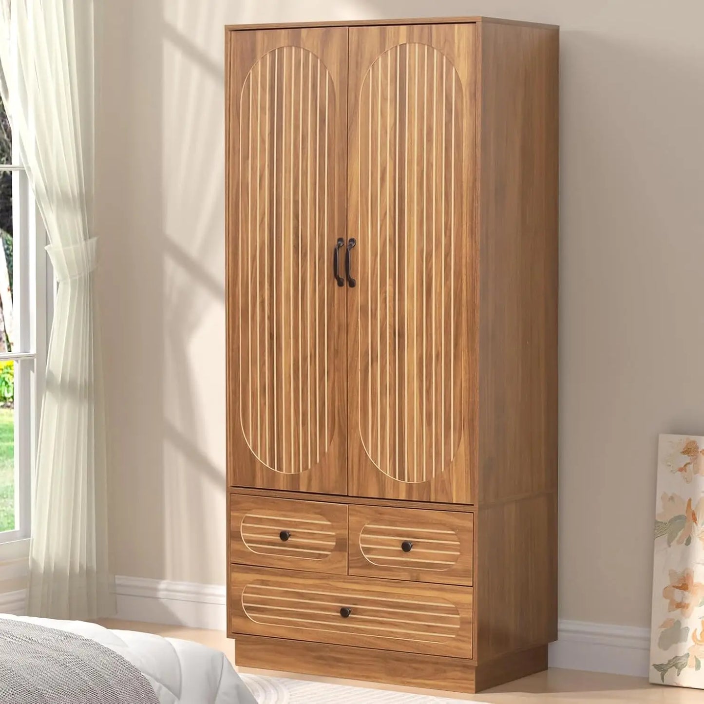Wood Armoire Wardrobe Closet with Doors with 3 Drawers