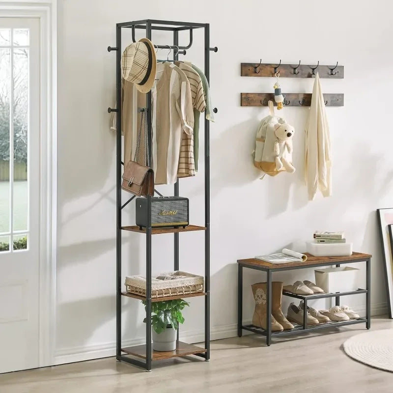 Coat Rack with 3 Shelves and 8 Hooks