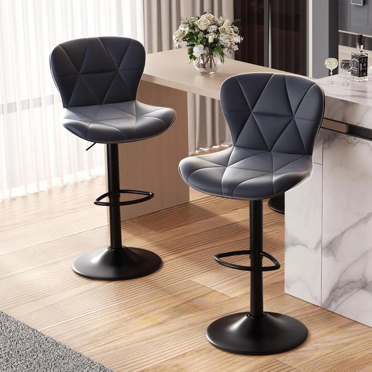 Modern Bar Stools Set of 2, Adjustable Faux Leather Upholstered