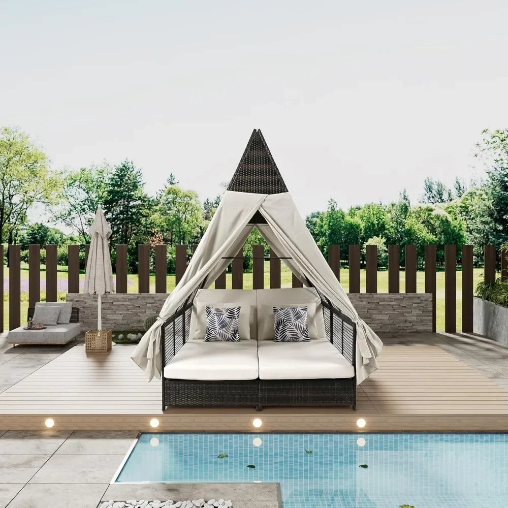 Outdoor Daybed, Outdoor Couch with 4 Pillows and Adjustable Backrest