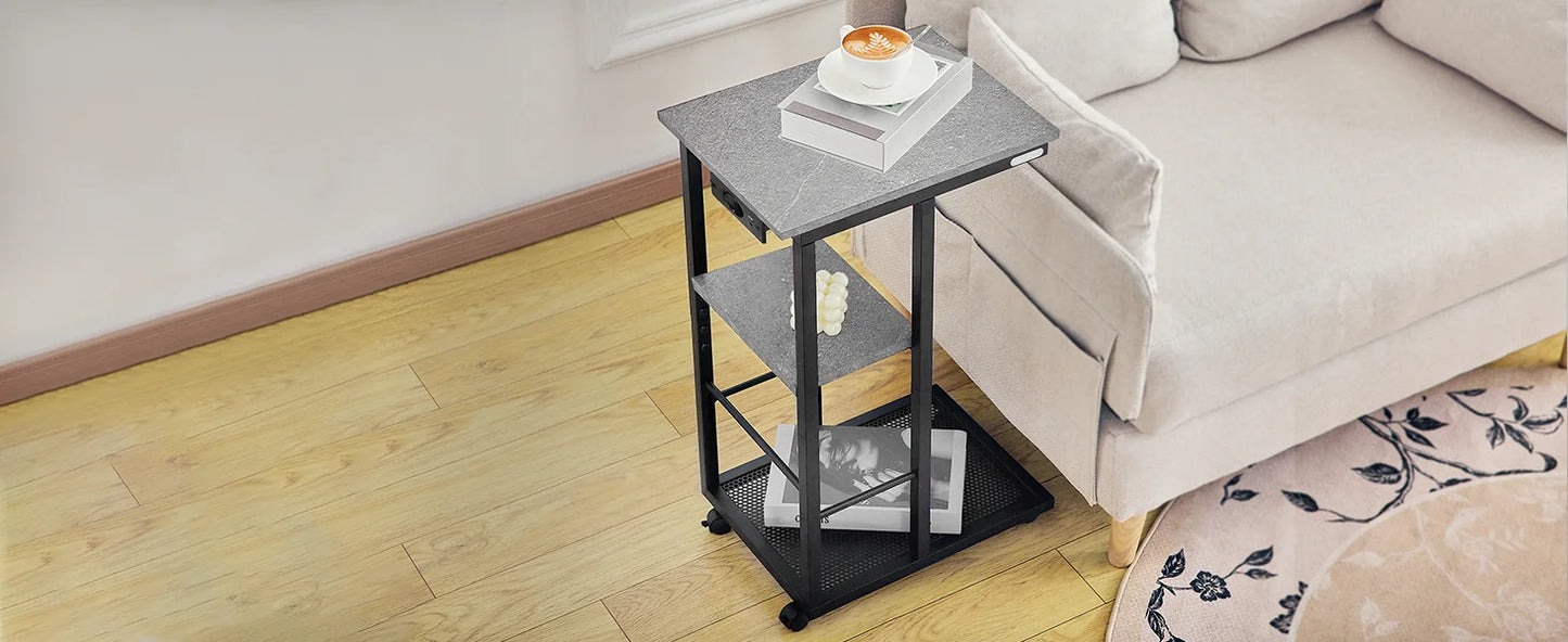 Redlife C Shaped End Table w/ Charging Station Side Table for Couch Sofa Table w/ Storage Shelf & Rolling Wheels for Small Space
