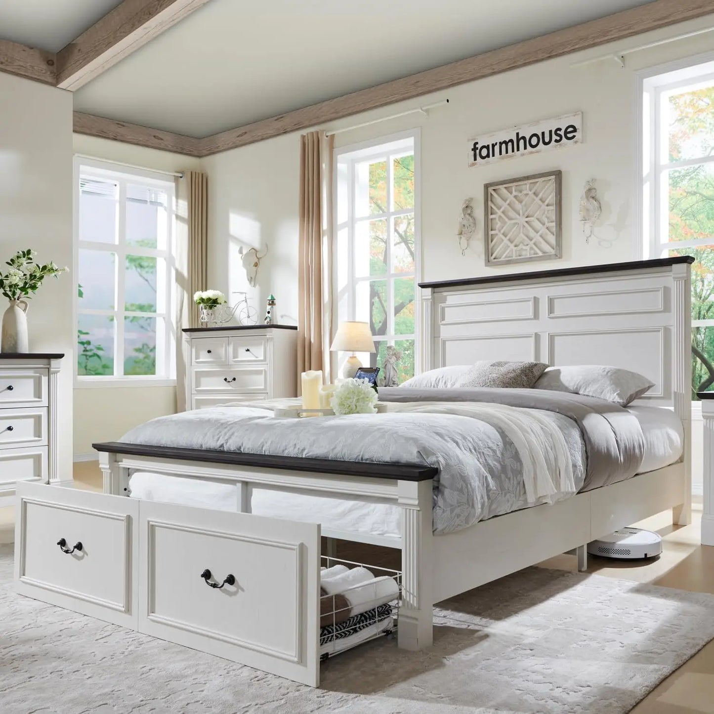 Queen Size Bed Frame, with Storage Drawers