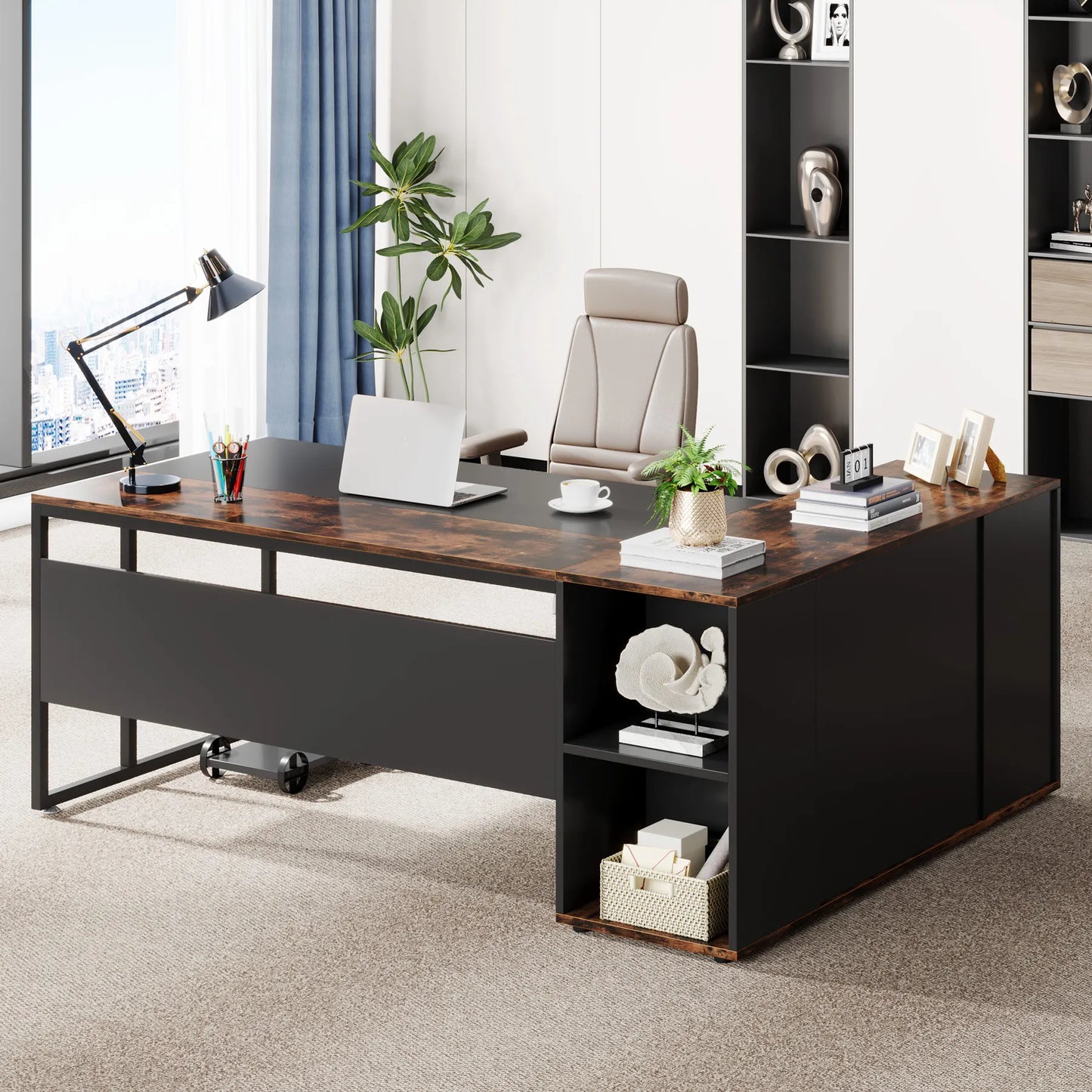 71 inch Executive Desk, L Shaped with Cabinet Storage