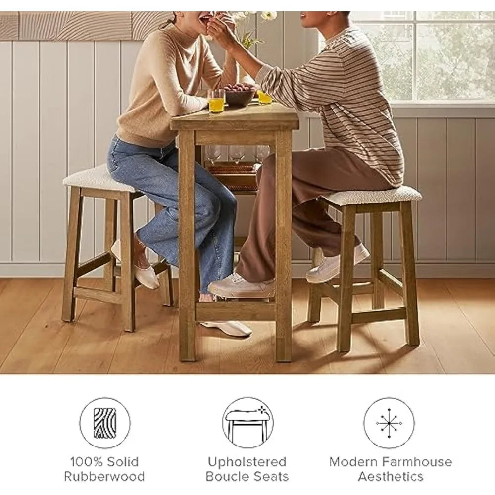 Solid Wood Counter Table Set with 2 Boucle Stools, 3-Piece Small Dining Kitchen Island Table Set for 2, with Storage