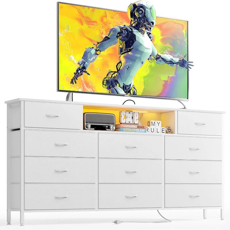 White Dresser TV Stand with 11 Drawers and Charging Station