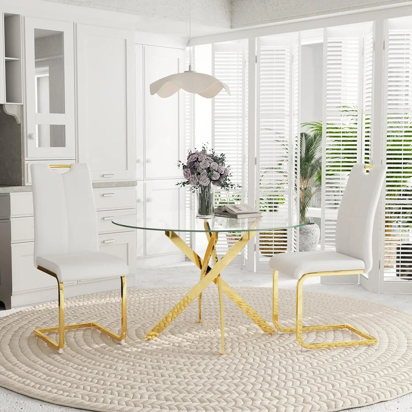 5-Piece Round Dining Table Set for 4, 47" Small Circle Tempered Glass Kitchen Table Set with Chrome Silver Leg, Upholstered
