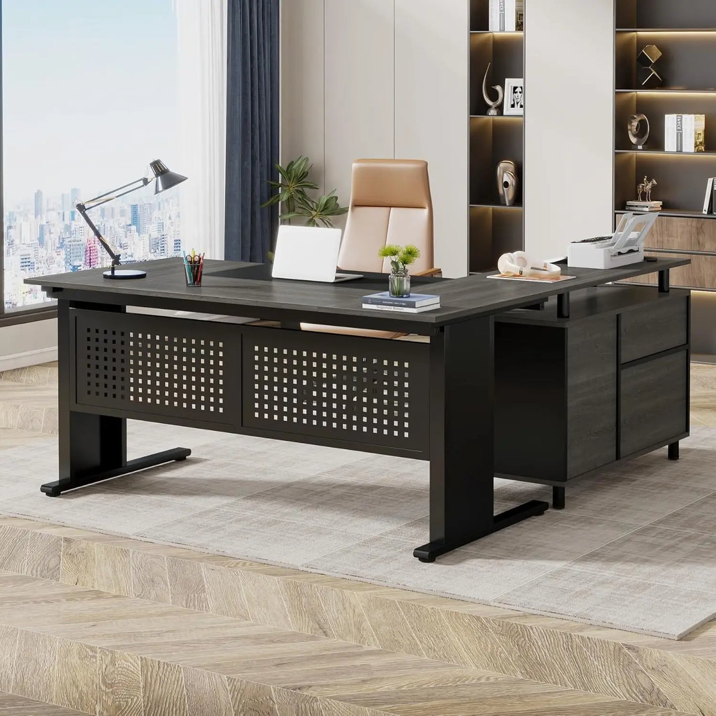 63 Inch L shaped Desk - File Cabinet, Drawers and Shelves