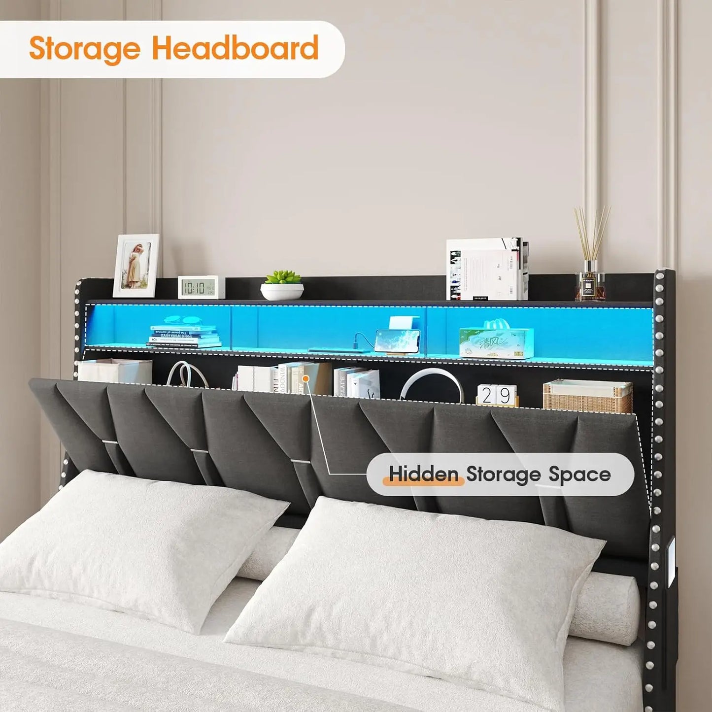 Queen Size Bed Frame with Headboard & 4 Storage Drawer