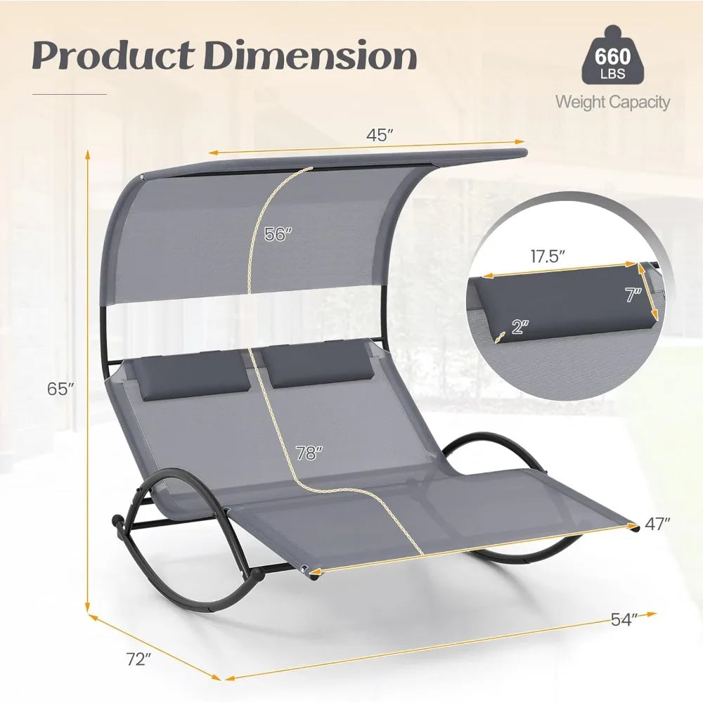 Outdoor Chaise Lounge Rocker, 2-Person Rocking Daybed Sun Lounger