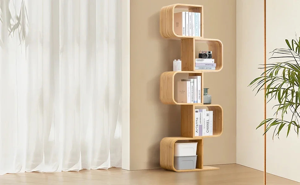 5-Tier Bamboo Bookshelf, 2 in 1 Bookcase Storage