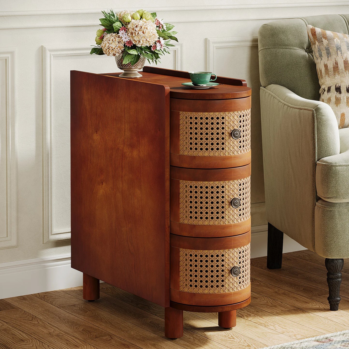 Tribesigns End Table Round Solid Wood Sofa Bedside Narrow Bedroom Side Table Nightstand with Drawer