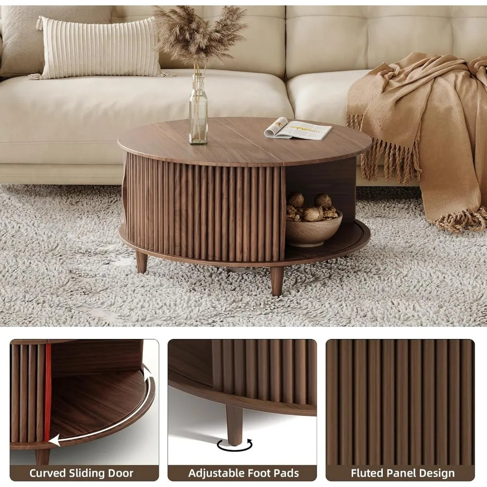 Round Coffee Table with Storage,Mid Century Modern Coffee Table with Sliding Cabinet Door,Coffee Tables,31.5" Small Center Table
