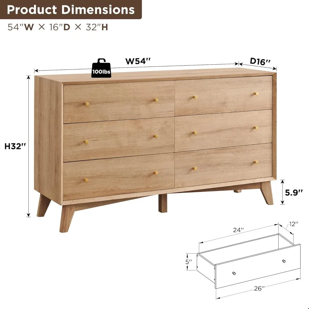 6 Drawer Dresser, 54" Wide Chest of Drawers