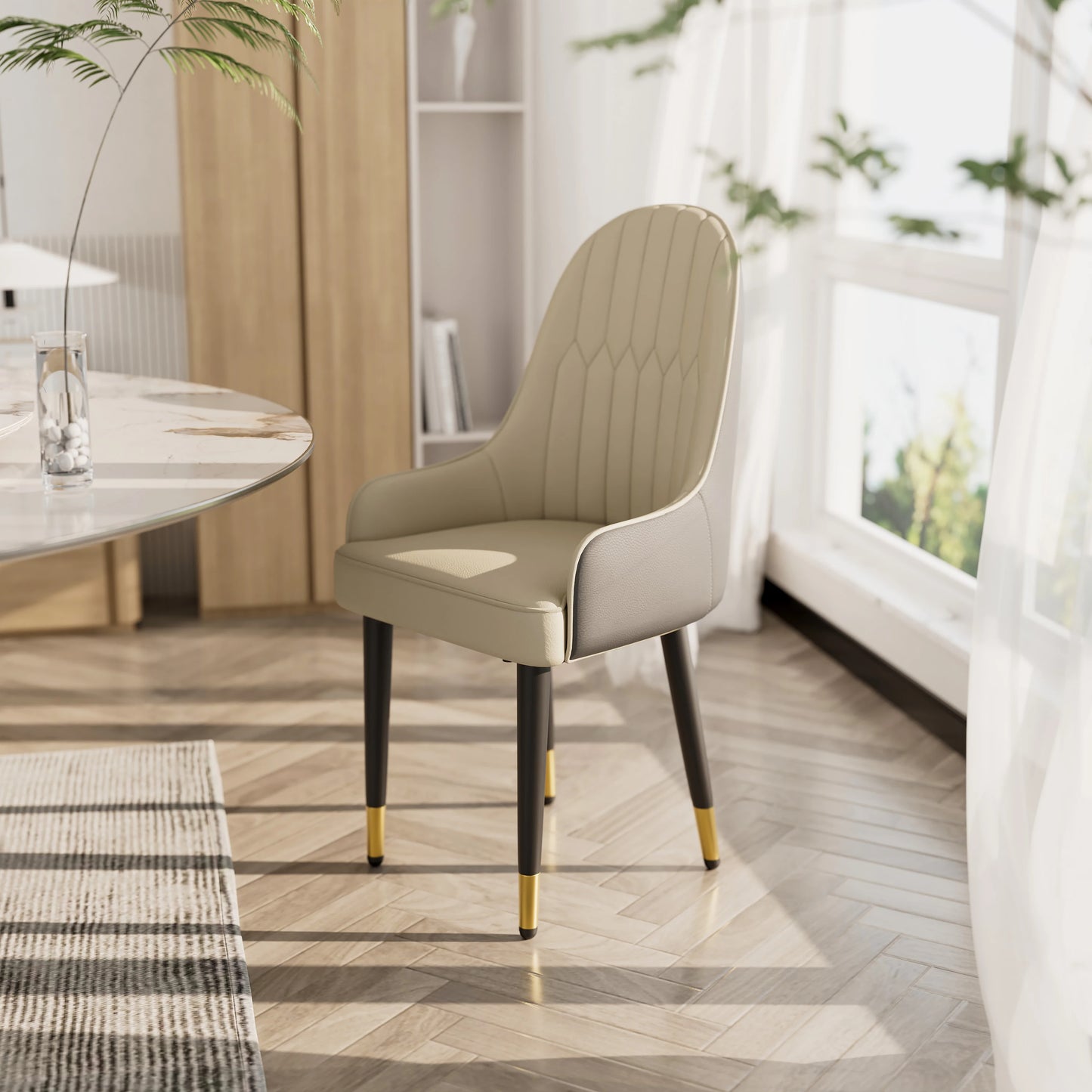 Faux Leather Dining Chair Set of 2, with Solid Wood Legs
