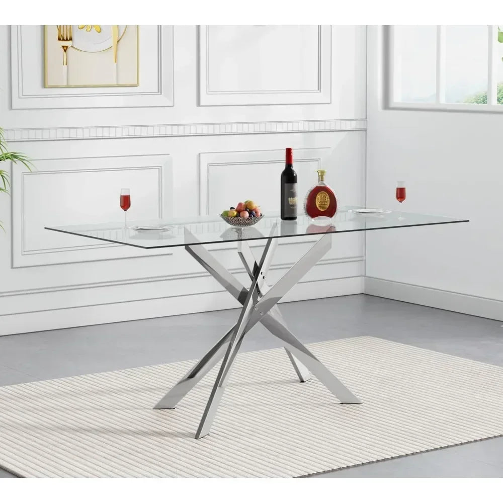 Rectangular Glass Dining Table Kitchen Glass Top Table for 4 with Metal Legs,Dining Table Kitchen Glass Tables for Kitchen