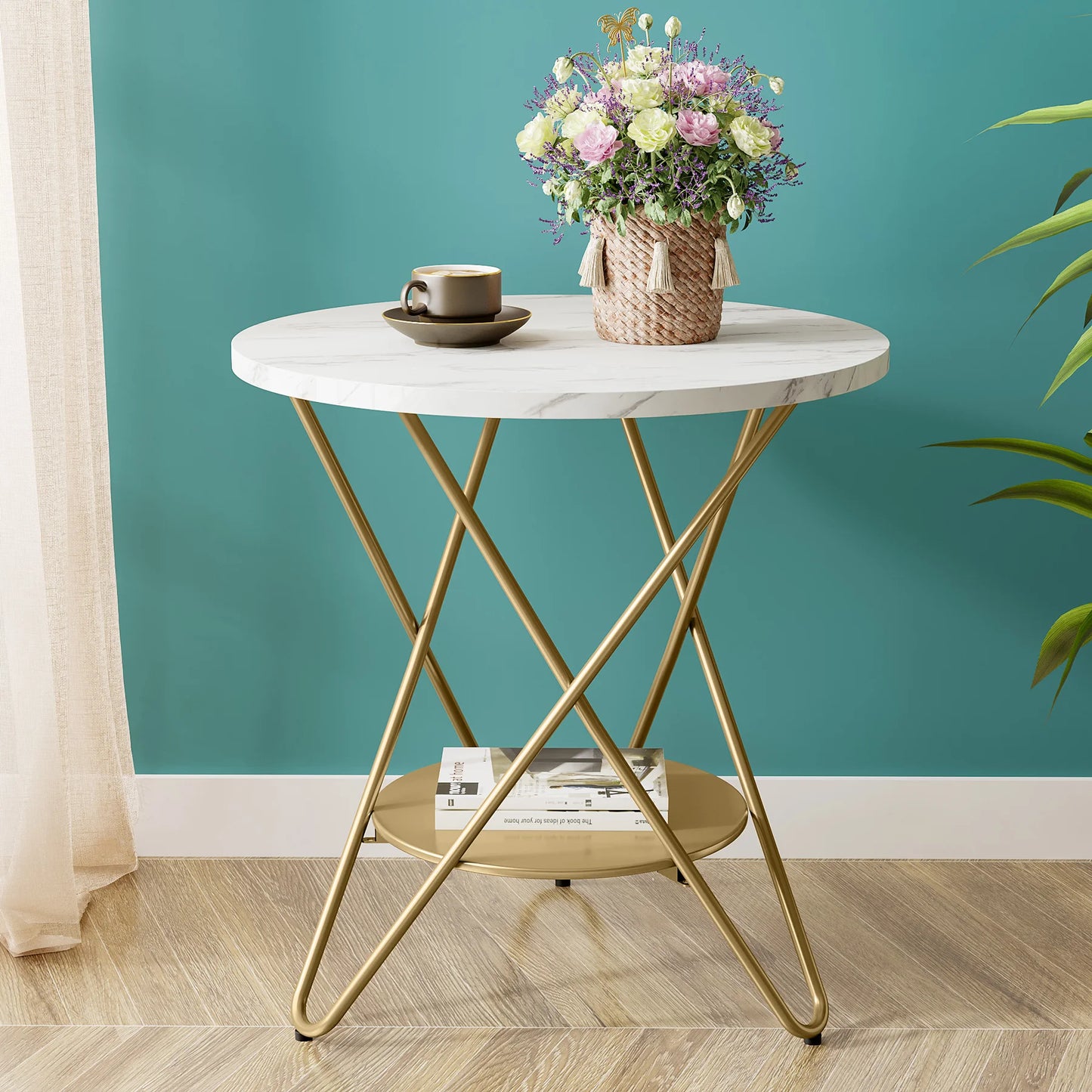 Tribesigns 2 Tier Faux Marble End Table Round Side Table with Shelves Small Coffee Accent Table for Living Room, White and Gold