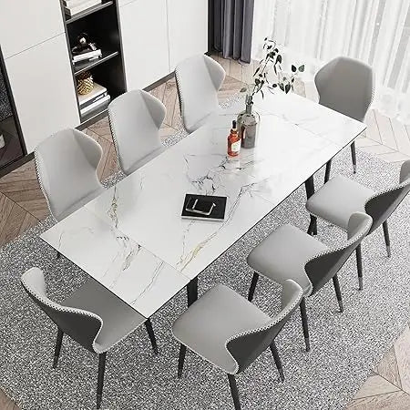 Extendable Dining Table for 4-8, 55"- 78" Rectangular Sintered Stone Dining Room Table, Faux Marble White Kitchen Table for Dini